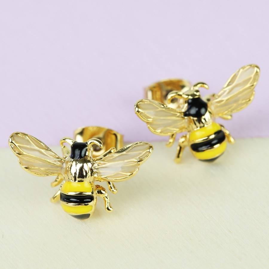 Gold and Enamel Bumble Bee Stud Earrings | Lisa Angel