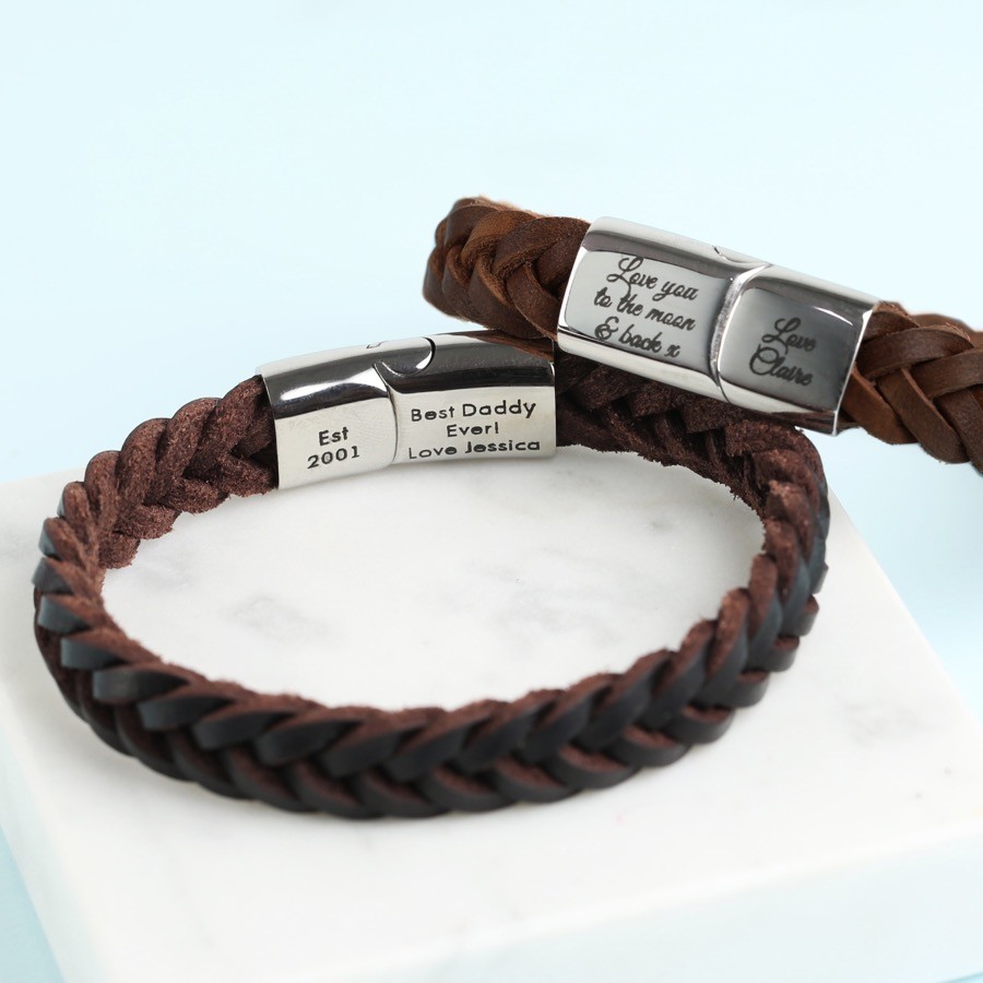 Personalised Men's Brown Woven Leather Bracelet | Lisa Angel